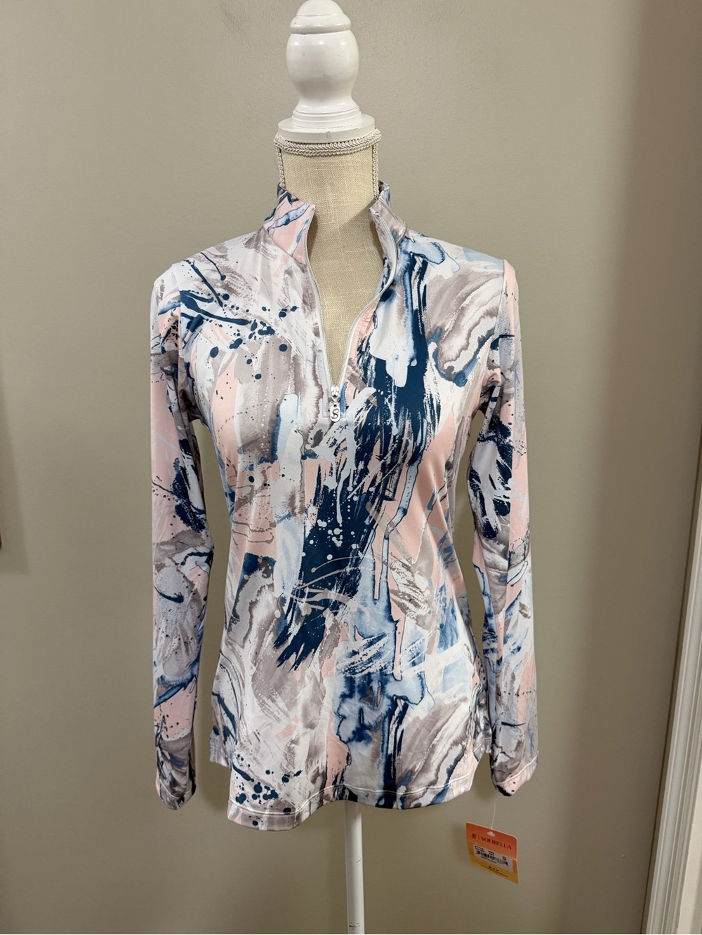 NWT Sofibella Abstract Print Quarter-Zip Long-Sleeve Golf Top in Pink & Navy